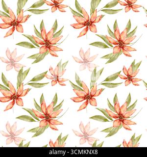 Motivo floreale ad acquerello senza cuciture con fiori d'ispirazione autunnale in tonalità di pesca e Bordeaux, con foglie verdi tenui. Parte del set ore d'oro, perf Foto Stock