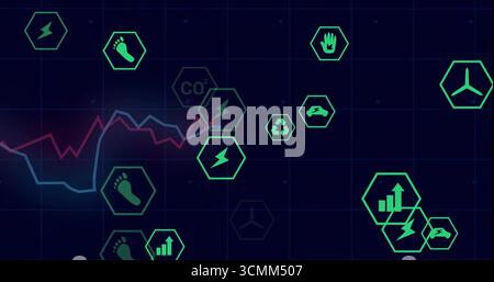 Visualizzazione di icone esadecimali verdi al neon e grafici rossi e blu sul dashboard dati, con metriche energetiche Foto Stock