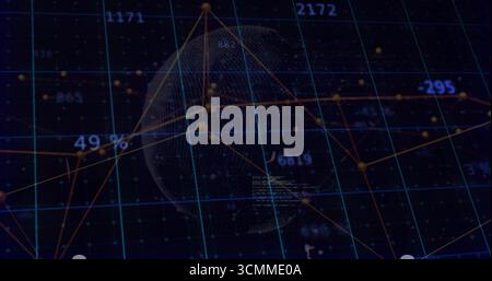 Visualizzazione del globo 3D punteggiato che ruota nel dashboard, con linee di rete, griglia e etichette dati mobili Foto Stock