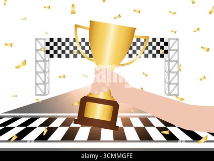 Trofeo d'oro in pista. Pista per go-kart. Pista da corsa. Illustrazione vettoriale. Concetto vincente e campione. Illustrazione vettoriale. Illustrazione Vettoriale