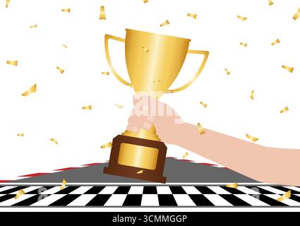 Trofeo d'oro in pista. Pista per go-kart. Pista da corsa. Illustrazione vettoriale. Concetto vincente e campione. Illustrazione vettoriale. Illustrazione Vettoriale