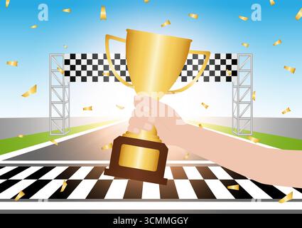 Trofeo d'oro in pista. Pista per go-kart. Pista da corsa. Illustrazione vettoriale. Concetto vincente e campione. Illustrazione vettoriale. Illustrazione Vettoriale