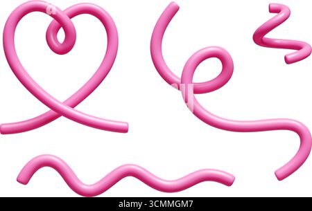 Linee rosa a doodle con simbolo del cuore astratto 3d, nastro curvo e forme ondulate per un design decorativo. Illustrazione Vettoriale