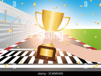 Trofeo d'oro in pista. Pista per go-kart. Pista da corsa. Illustrazione vettoriale. Concetto vincente e campione. Illustrazione vettoriale. Illustrazione Vettoriale