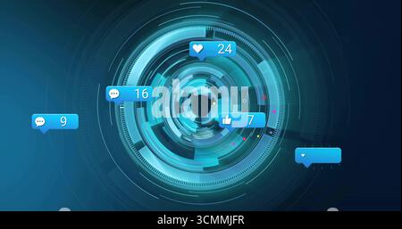 Visualizzazione di un'interfaccia circolare che mostra gli squilli nella visualizzazione virtuale con le notifiche dei social media Foto Stock