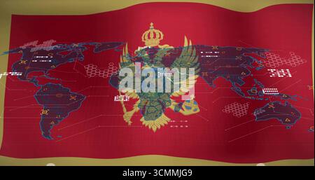 Mostra un'aquila dorata a testa doppia con globo scettro a corona in un grafico a bandiera digitale con nodi dati Foto Stock