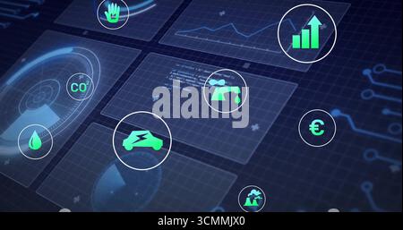Visualizzazione di pannelli olografici traslucidi su griglia blu scuro, con icone di energia ambientale Foto Stock