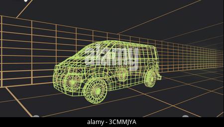 Visualizzazione del modello di furgone passeggeri con struttura a reticolo verde neon che galleggia all'interno dell'area di lavoro 3D con griglia arancione Foto Stock