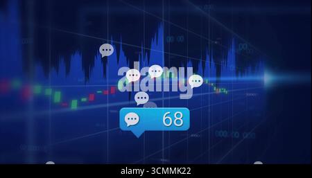 Fumetto blu fluttuante che mostra 68 sul cruscotto, con barre di candele e icone di bolla vocale Foto Stock