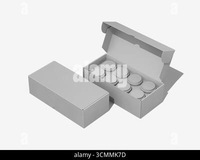 Mockup per l'imballaggio delle capsule di caffè in bianco grigio con rendering 3D a scatola aperta su sfondo bianco Foto Stock