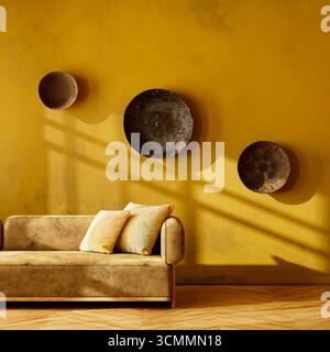 Caldo soggiorno boho eclettico con pareti gialle, arredi artistici a parete, comodo divano e tessuti naturali, a creare un'atmosfera vibrante e invitante. 3D. Foto Stock