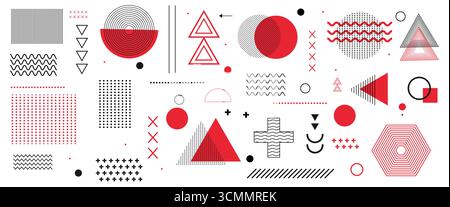 Elementi di design Memphis. Elementi geometrici astratti sullo sfondo Memphis, collezione di forme geometriche mezzitoni alla moda, grafica retrò, tendenze anni '90. Illustrazione Vettoriale