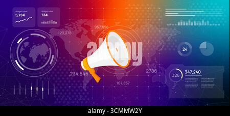Dashboard di marketing digitale che mostra l'icona del megafono dei dati globali che visualizza la pubblicità di comunicazione globale del marketing digitale Illustrazione Vettoriale