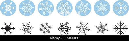Set di icone della neve con fiocchi di neve dettagliati e simboli invernali. Pacchetto vettoriale perfetto per i temi del design della stagione fredda, del clima, del Natale e delle nevicate. Illustrazione Vettoriale