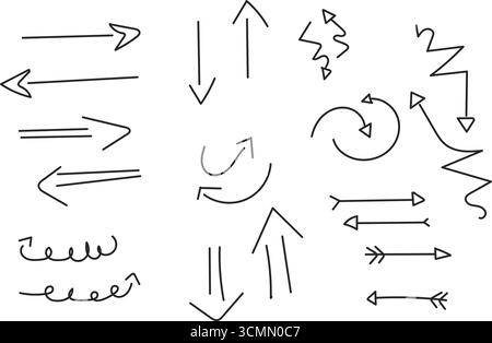 Set di frecce disegnate a mano | vettore puntatori direzionali curvi, dritti, a spirale e ondulati Illustrazione Vettoriale