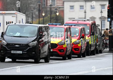 Una fila di furgoni della polizia metropolitana schierati a Whitehall, Londra Foto Stock