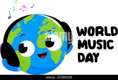 Cartoni animati felici del pianeta Terra con l'ascolto di musica. Giornata internazionale della musica. Mappa del mondo con cuffie e note musicali. Illustrazione vettoriale Illustrazione Vettoriale