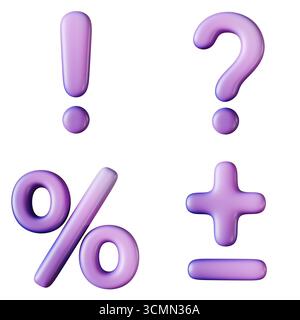 Simbolo di vendita viola Imposta il segno percentuale, il punto interrogativo, il punto esclamativo e l'illustrazione di rendering 3D più e meno isolata su sfondo bianco Foto Stock