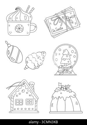 Pagina da colorare per adulti e bambini con illustrazioni natalizie come Cocoa Christmas Ornaments Snow Globe Letters to Babbo Natale e Pudding Illustrazione Vettoriale