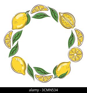 Bordo circolare della cornice composto da fette di limone fresco e foglie verdi disposte a ghirlanda su sfondo bianco con spazio centrale vuoto in stile piatto Illustrazione Vettoriale