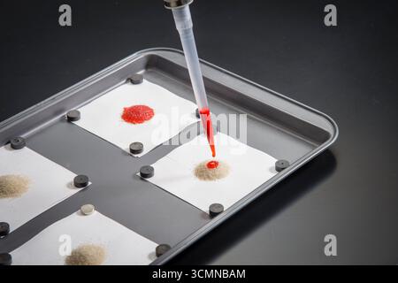 Pipetta che dispensa colorante rosso nel laboratorio di ricerca di test medici, USA Foto Stock