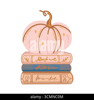Composizione autunnale con pila di libri e zucca rosa decorativa. Illustrazione vettoriale disegnata a mano per cartolina autunnale, stampa, poster, striscione. Illustrazione piatta vettoriale isolata su sfondo bianco Illustrazione Vettoriale