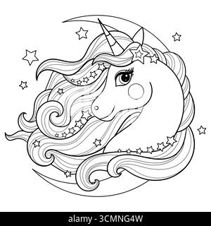 Una bella testa di unicorno con una lunga criniera e una luna. Disegno della linea in bianco e nero. Adatto per disegni di libri da colorare per bambini, stampe, poster, CA Illustrazione Vettoriale