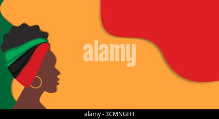 Afro American Women on Paper Cut Backdrop with Green and Red Spots Banner Format Copy Space Template. Illustrazione vettoriale isolata carte tematiche Kwanzaa o sfondo banner, volantini, etichette Illustrazione Vettoriale
