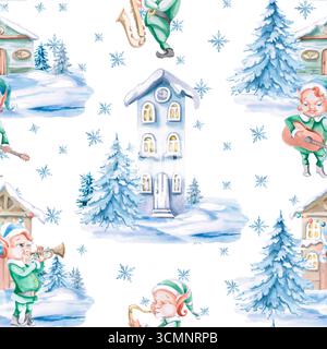Motivo senza cuciture con elfi fiabe musicisti e case invernali. Illustrazione ad acquerello sul tema del Natale per la progettazione degli imballaggi per le festività, Foto Stock