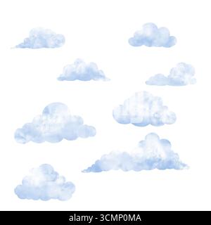 Morbide e nuvole di cumulus. Illustrazione digitale ad acquerello. L'insieme delle nuvole di pioggia è isolato. su sfondo bianco. Il concetto del cielo, la mereologia Foto Stock