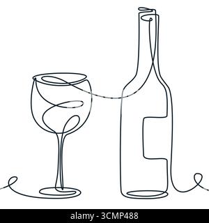 Immagine vettoriale con linea continua disegnata a mano di bottiglia e bicchiere di vino. Design astratto della monolina per menu, etichetta, imballaggio, festa di festa, bar, Illustrazione Vettoriale