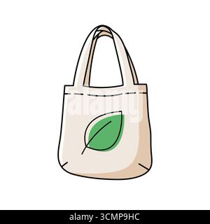 Borsa per la spesa ecocompatibile riutilizzabile con simbolo a foglia verde per un vettore vivente sostenibile Illustrazione Vettoriale
