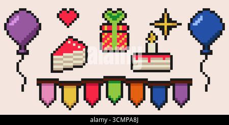 Compleanni elementi pixel anno 2000. Palloncini a 8 bit in stile retrò, bandiera a grappolo, torta di compleanno e regalo Illustrazione Vettoriale