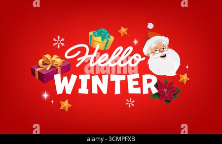 Buongiorno Natale inverno, citazione allegra auguri di Natale. Sfondo rosso festoso con faccia di Babbo Natale, fiocco di neve, punta, stelle, scatole regalo. Allegro banner vettoriale cartoni animati per celebrare le festività natalizie Illustrazione Vettoriale
