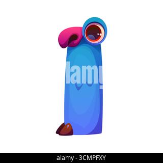 Bizzarro carattere mostro cifra 1 uno. Spaventoso bugaboo, personaggio di bogle, personaggio matematico, personaggio di Halloween spaventapasseri cartoni animati vettoriali per bambini ABC font. Fantasia creatura matematica carattere simbolo numerico Illustrazione Vettoriale