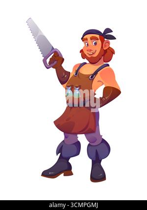 Cartoon chirurgo pirata nave equipaggio personaggio che tiene una sega e bottiglie di pozione. Vettoriale allegro medico caraibico corsair personage con barba e strumenti medici, pronto per la storia di avventura fantasy Illustrazione Vettoriale