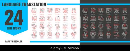 Icone di traduzione linguistica del vocabolario e del linguaggio inglese, pittogrammi vettoriali. Icone dizionario e linea di traduzione per l'applicazione del servizio di traduzione o insegnante online di lingua inglese per l'istruzione Illustrazione Vettoriale