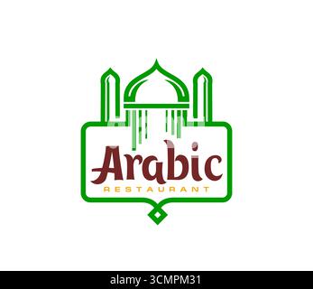 Ristorante arabo icona della cucina araba e menu gourmet, emblema vettoriale. Ristorante di cucina araba con moschea musulmana verde e lettere di stile arabo per piatti halal e piatti orientali Illustrazione Vettoriale