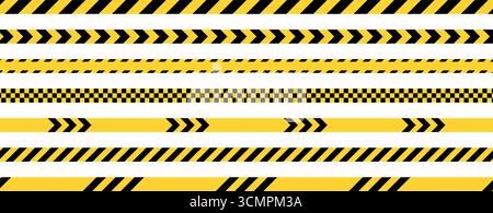 Nastro di avvertenza giallo pericolo. Linea di sicurezza utilizzata dalla polizia e dai lavoratori edili. Serie di strisce di avvertimento orizzontali vettoriali. Illustrazione Vettoriale