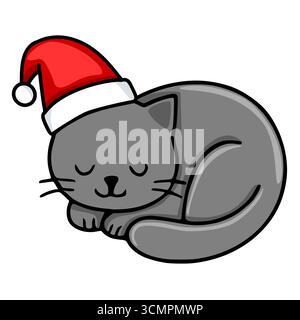Adorabile illustrazione vettoriale di un gatto grigio che indossa un cappello di Babbo Natale, che dorme tranquillamente, perfetto per i design a tema natalizio. Illustrazione Vettoriale