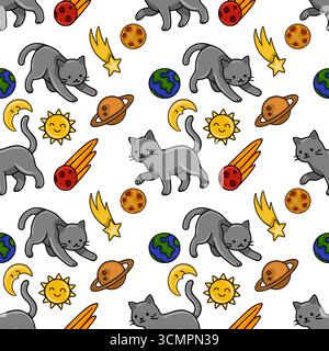 Motivo vettoriale senza cuciture con adorabili gatti grigi che interagiscono giocosamente con pianeti cartoni animati, stelle, comete e un sole sorridente, creando un'atmosfera stravagante Illustrazione Vettoriale
