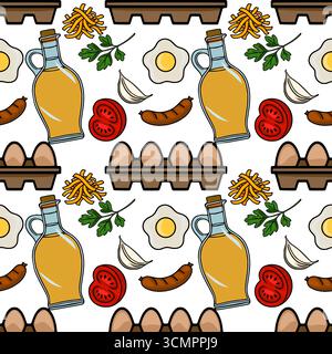Delizioso motivo vettoriale senza cuciture con un allegro tema colazione con uova fritte, salsicce, pomodori, aglio, prezzemolo, olio d'oliva e uovo carto Illustrazione Vettoriale
