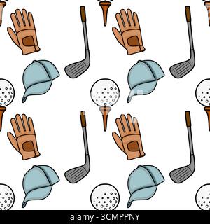 Motivo vettoriale senza cuciture con attrezzatura da golf disegnata a mano: golf club, pallina su tee, guanto e cappellino, in una tavolozza di colori chiari, perfetta per lo sport Illustrazione Vettoriale
