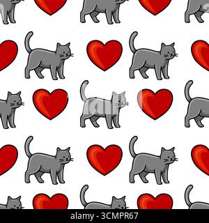 Motivo vettoriale senza cuciture con affascinanti gatti grigi e vivaci cuori rossi, perfetto per San Valentino o per i disegni a tema animato. Illustrazione Vettoriale
