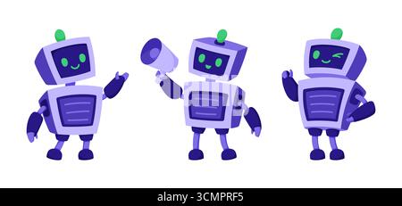 Set di adorabili personaggi robot ai in pose diverse. Intelligenza artificiale amichevole, servizi di assistente virtuale e tecnologia moderna Illustrazione Vettoriale