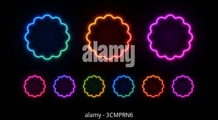 Cornice circolare al neon ondulata. Adesivi arrotondati per bordi di capesante con bagliore LED. Set vettoriale di badge laser in blu, viola e rosso. Illustrazione Vettoriale