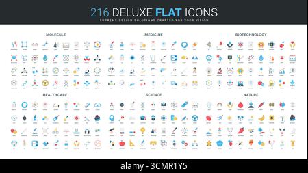 Set completo di icone piatte che coprono strutture molecolari, strumenti medici, biotecnologie, sanità, ricerca scientifica, e i concetti della natura illustrano i vettori isolati Illustrazione Vettoriale