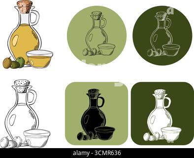 Bottiglia e brocca con olio d'oliva e ramoscello con logotipo di frutta d'oliva. Illustrazione colorata con inchiostro a linee grafiche vettoriali. sfondo per striscioni, stampa per Illustrazione Vettoriale