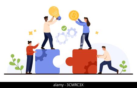 Uomini d'affari che collegano pezzi di puzzle simboleggiano l'innovazione della cooperazione di squadra e il successo finanziario con ingranaggi, icone di strategia e crescita isolate su sfondo bianco illustrazione vettoriale Illustrazione Vettoriale