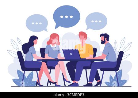 Team che discute idee sull'illustrazione di un notebook che mostra la collaborazione e la comunicazione aziendale in uno spazio di lavoro moderno Illustrazione Vettoriale